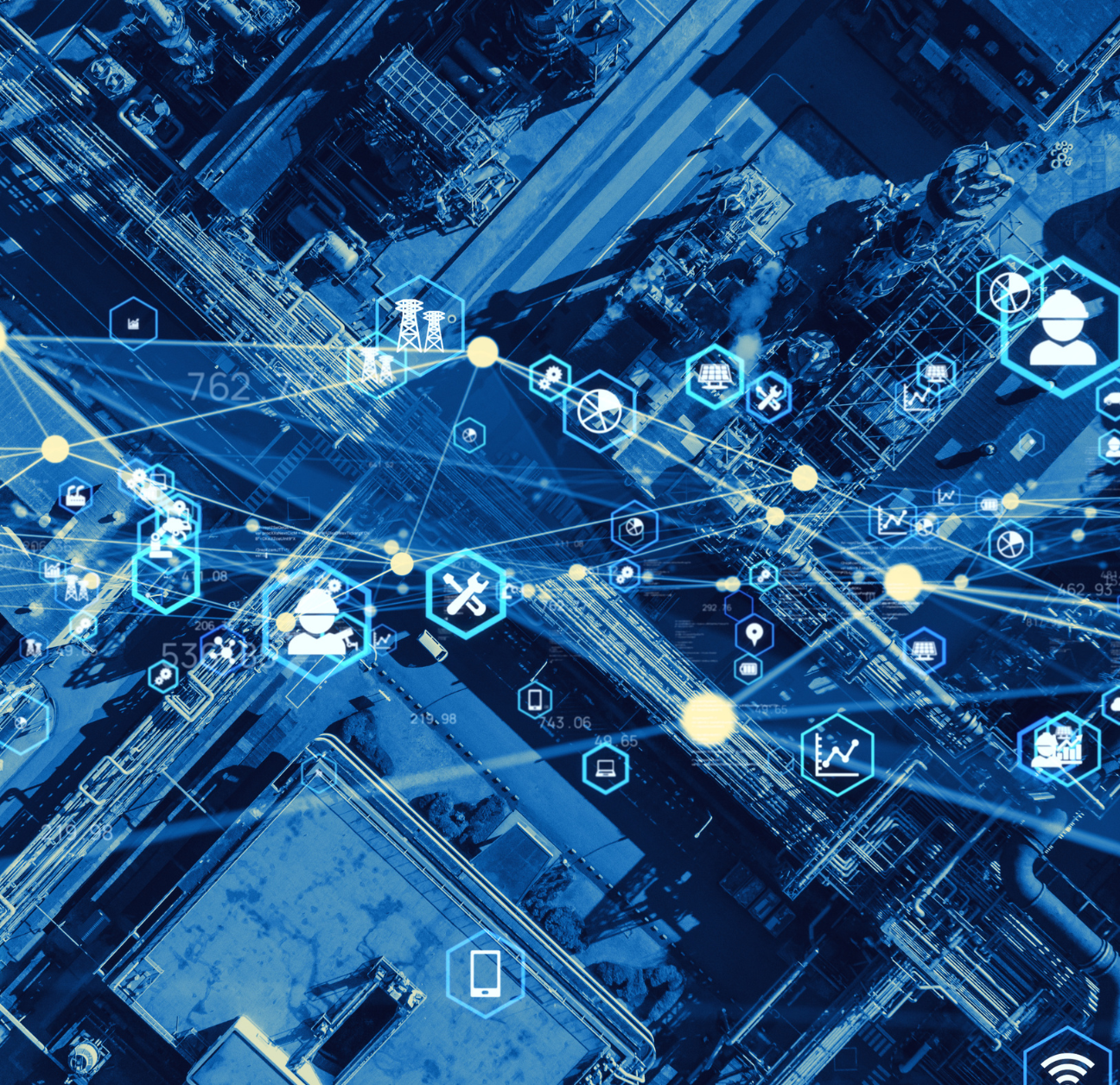 Blue background with supply chain integration architecture diagram.