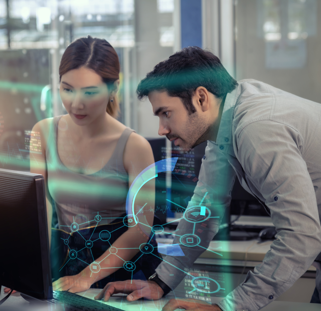Supply chain workers modernizing their operations with digital supply chain management. 